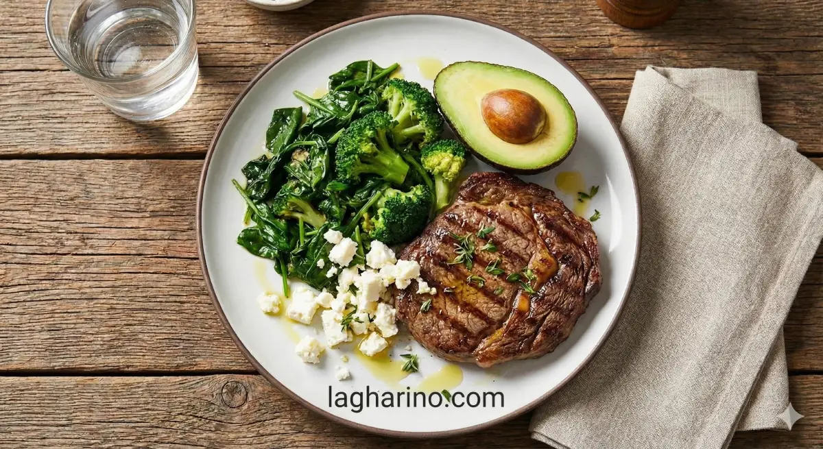 بشقاب کتویی نمونه با گوشت، سبزیجات برگ سبز، آووکادو و پنیر