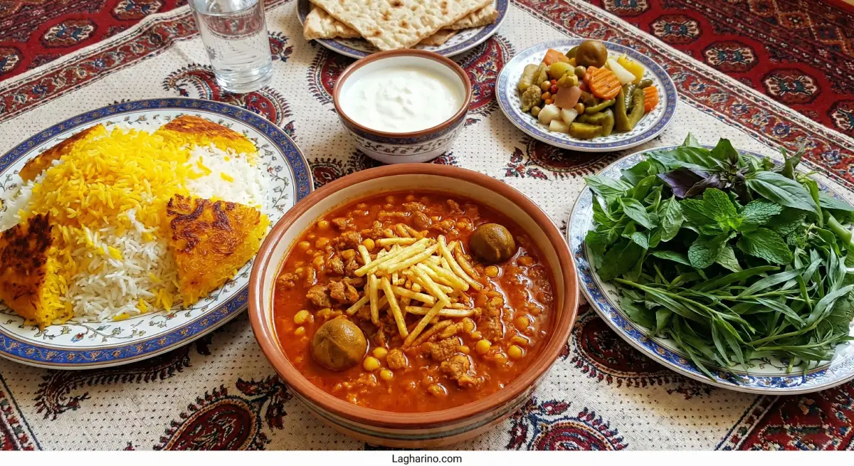 سفره ایرانی گیاهخواری - خورش قیمه با سویا، برنج زعفرانی، ماست، ترشی و سبزی خوردن