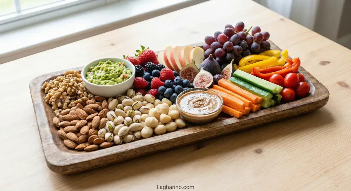 تصویر میان‌وعده‌های سالم پالئو شامل آجیل، میوه و سبزیجات